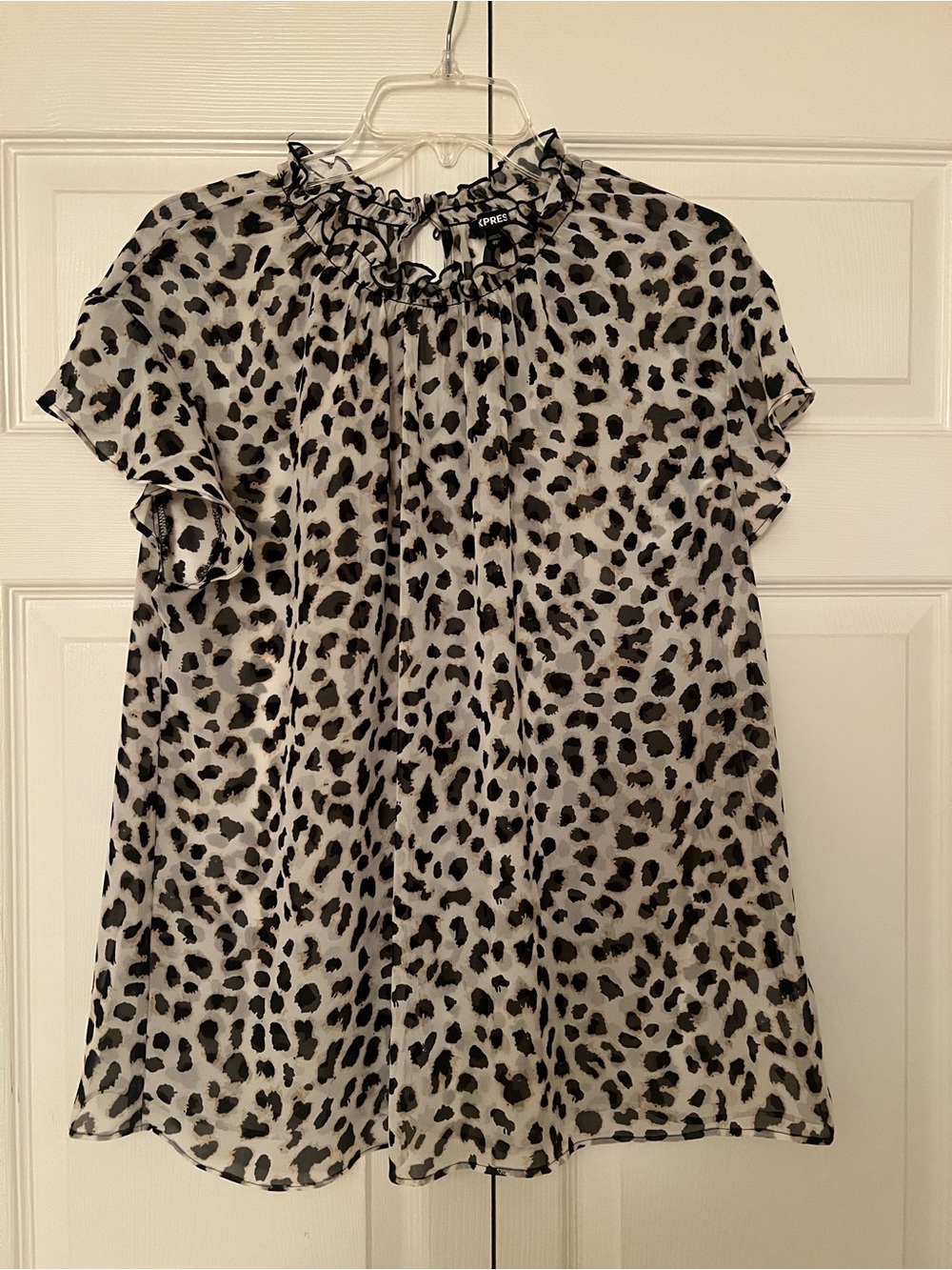 Express Black and White Leopard Print Ruffled Neck Blouse